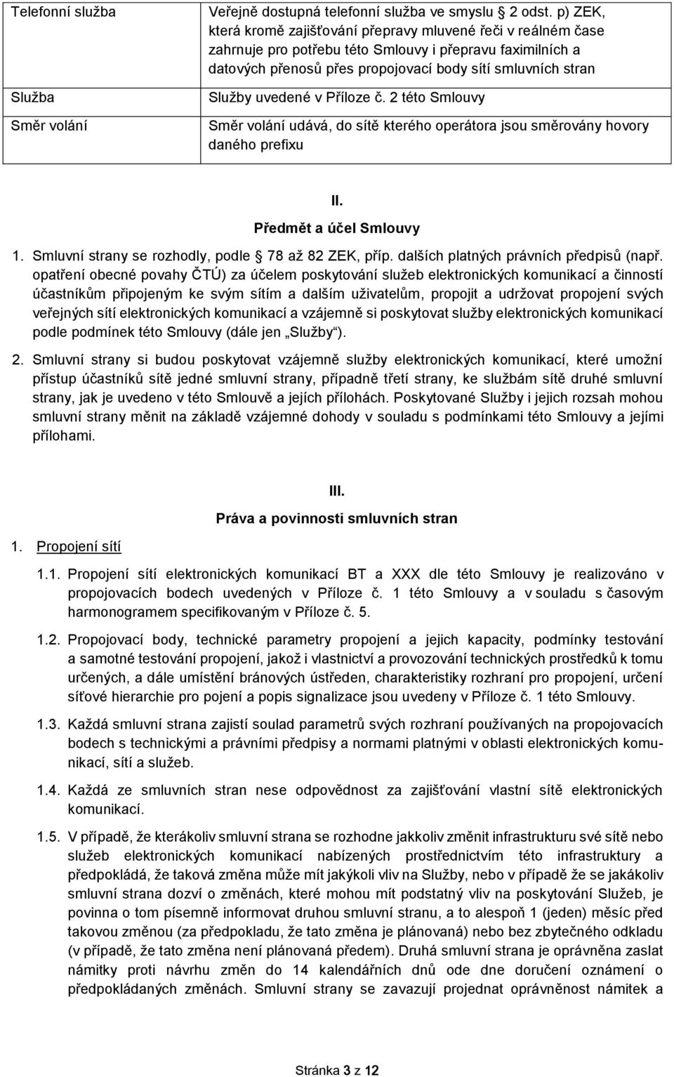 uvedené v Příloze č. 2 této Smlouvy Směr volání udává, do sítě kterého operátora jsou směrovány hovory daného prefixu II. Předmět a účel Smlouvy 1.