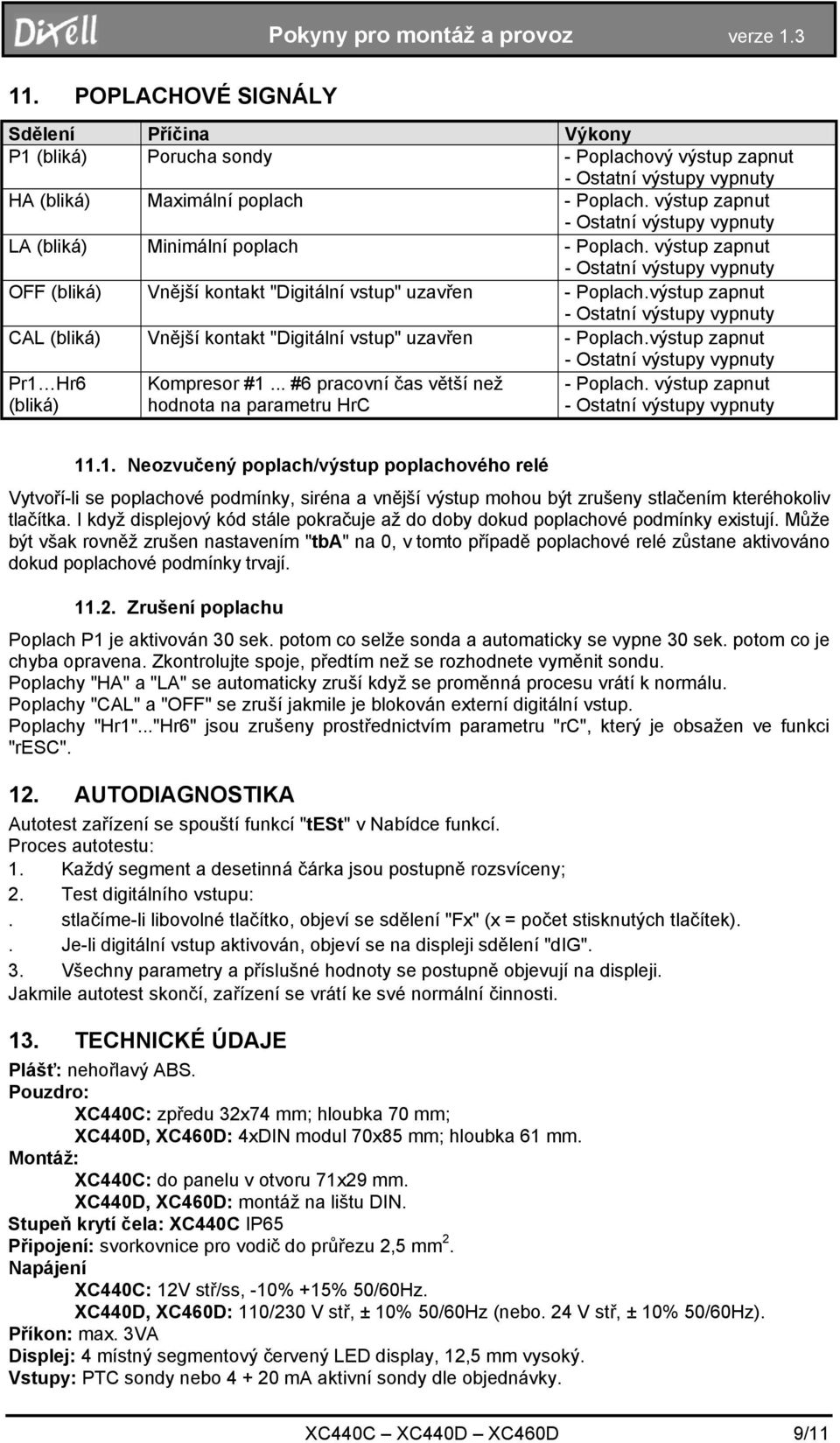 výstup zapnut CAL (bliká) Vnější kontakt "Digitální vstup" uzavřen - Poplach.výstup zapnut Pr1 Hr6 (bliká) Kompresor #1... #6 pracovní čas větší než hodnota na parametru HrC - Poplach.