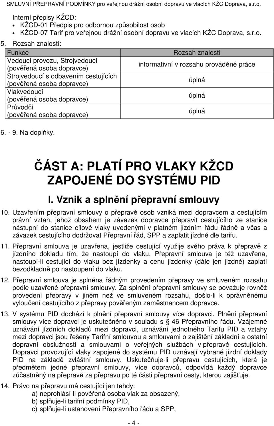 osoba dopravce) 6. - 9. Na doplňky. Rozsah znalostí informativní v rozsahu prováděné práce úplná úplná úplná ČÁST A: PLATÍ PRO VLAKY KŽCD ZAPOJENÉ DO SYSTÉMU PID I.