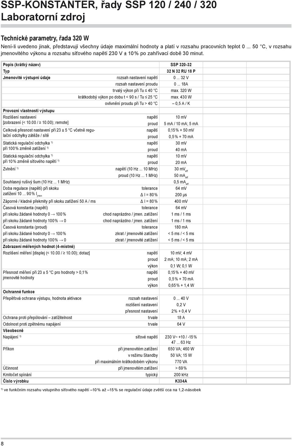 Popis (krátký název) SSP 320-32 Typ 32 N 32 RU 18 P Jmenovité výstupní údaje rozsah nastavení napětí 0... 32 V rozsah nastavení proudu 0... 18A trvalý výkon při Tu 40 C max.