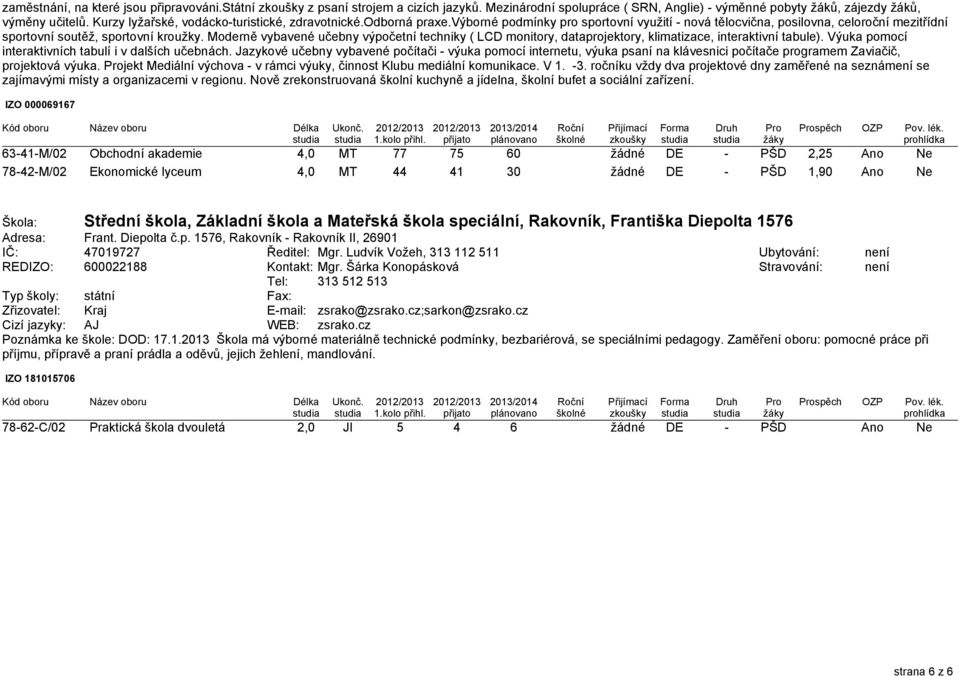 Moderně vybavené učebny výpočetní techniky ( LCD monitory, dataprojektory, klimatizace, interaktivní tabule). Výuka pomocí interaktivních tabulí i v dalších učebnách.