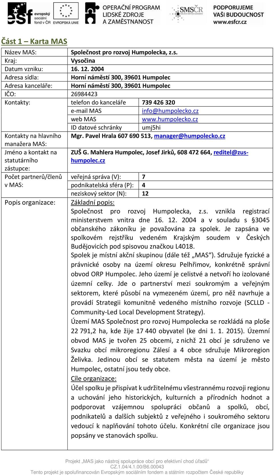 cz web MAS www.humpolecko.cz ID datové schránky umj5hi Kontakty na hlavního Mgr. Pavel Hrala 607690513, manager@humpolecko.cz manažera MAS: Jméno a kontakt na statutárního ZUŠ G.