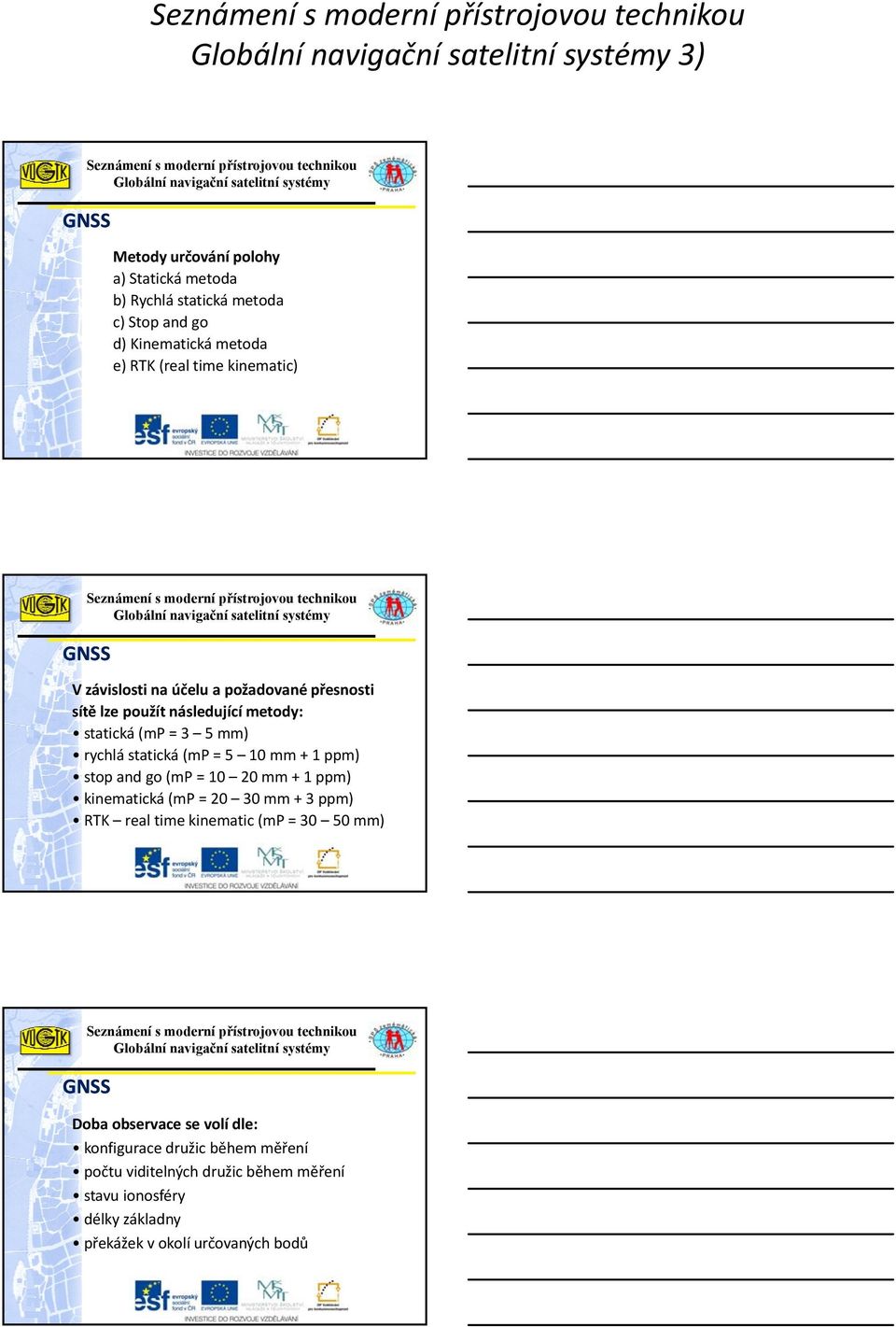 stop and go (mp = 10 20 mm + 1 ppm) kinematická (mp = 20 30 mm + 3 ppm) RTK real time kinematic (mp = 30 50 mm) Doba observace se volí dle: