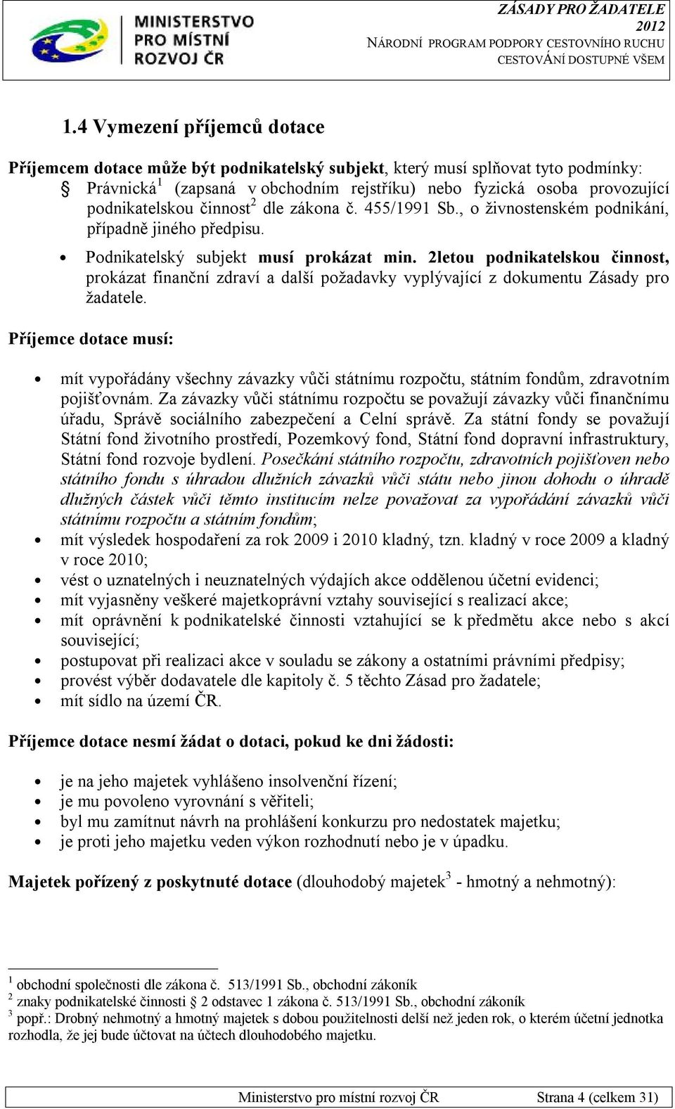 2letou podnikatelskou činnost, prokázat finanční zdraví a další požadavky vyplývající z dokumentu Zásady pro žadatele.