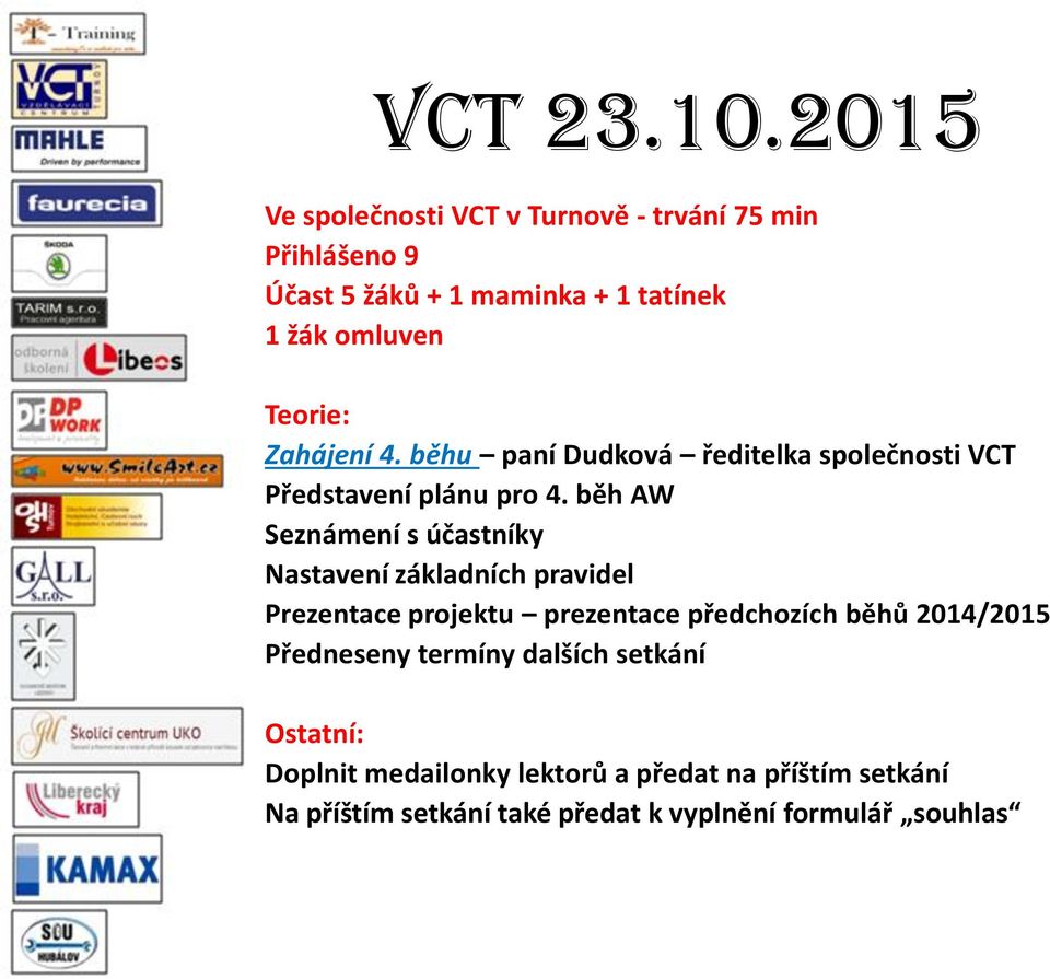 Zahájení 4. běhu paní Dudková ředitelka společnosti VCT Představení plánu pro 4.