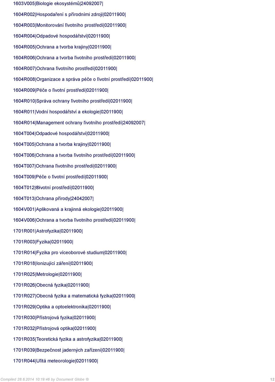 Péče o ľivotní prostředí 02011900 1604R010 Správa ochrany ľivotního prostředí 02011900 1604R011 Vodní hospodářství a ekologie 02011900 1604R014 Management ochrany ľivotního prostředí 24092007