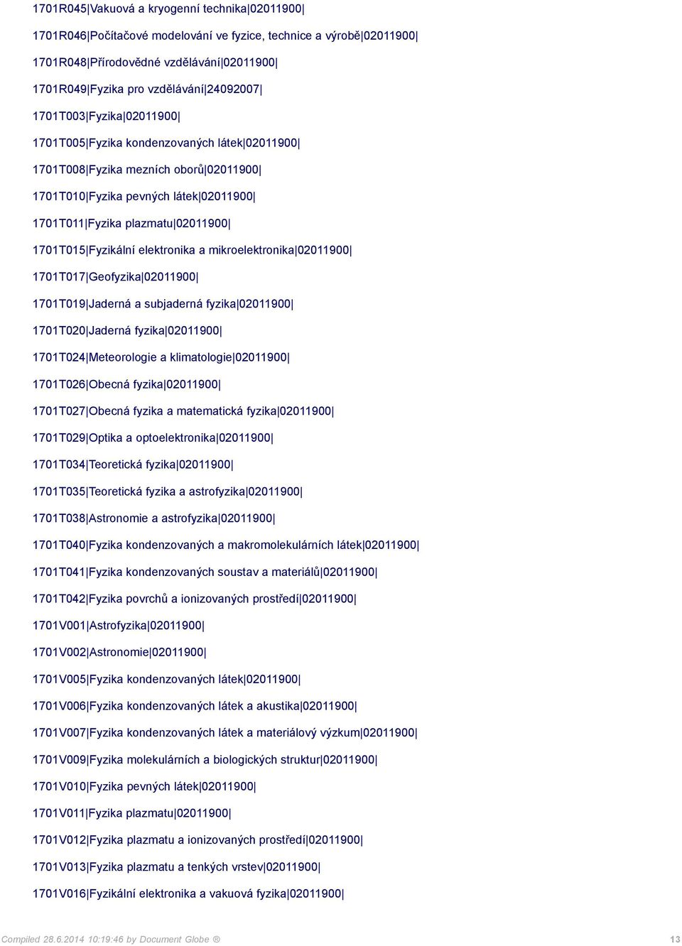 Fyzikální elektronika a mikroelektronika 02011900 1701T017 Geofyzika 02011900 1701T019 Jaderná a subjaderná fyzika 02011900 1701T020 Jaderná fyzika 02011900 1701T024 Meteorologie a klimatologie