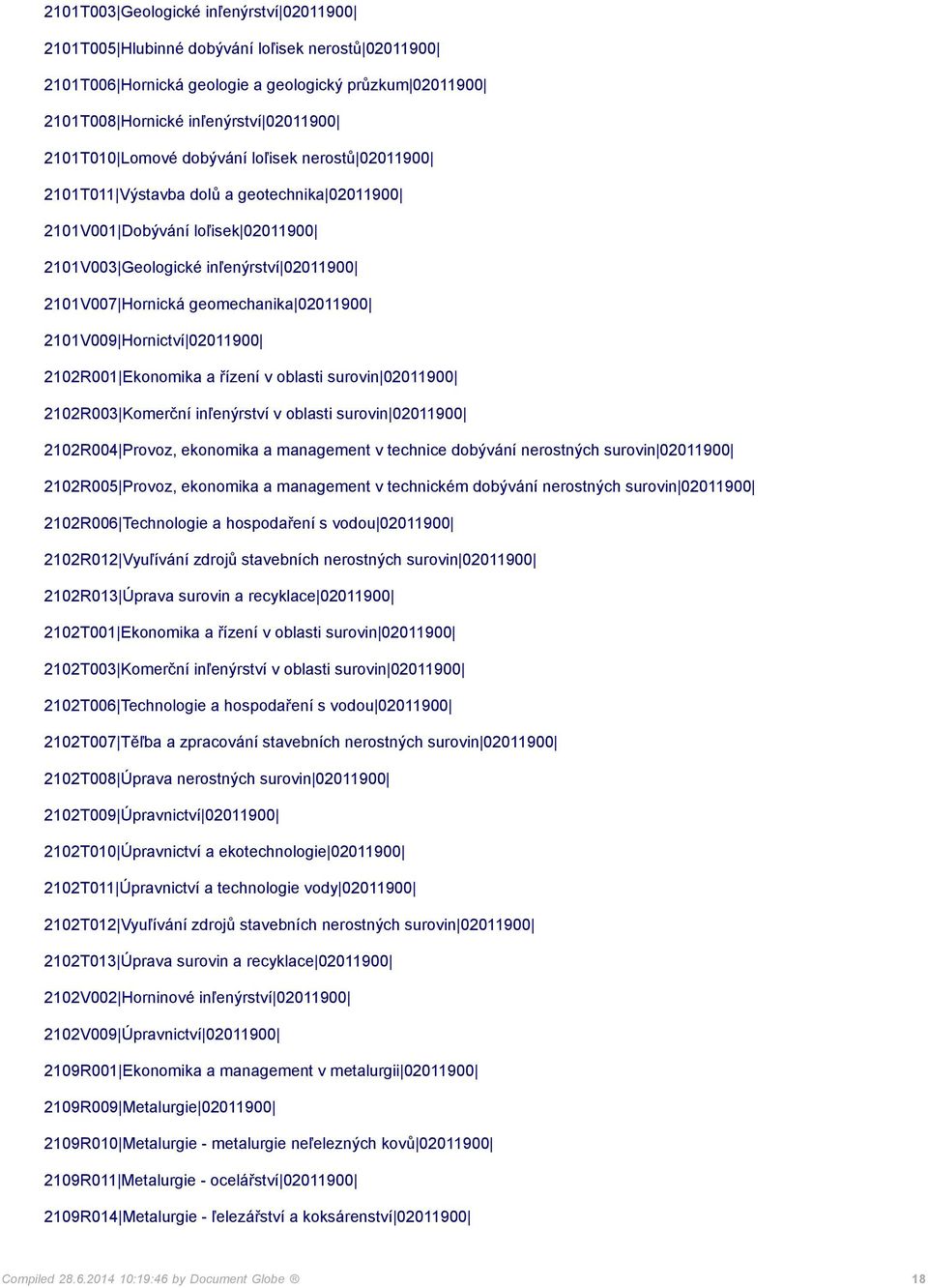 02011900 2101V009 Hornictví 02011900 2102R001 Ekonomika a řízení v oblasti surovin 02011900 2102R003 Komerční inľenýrství v oblasti surovin 02011900 2102R004 Provoz, ekonomika a management v technice