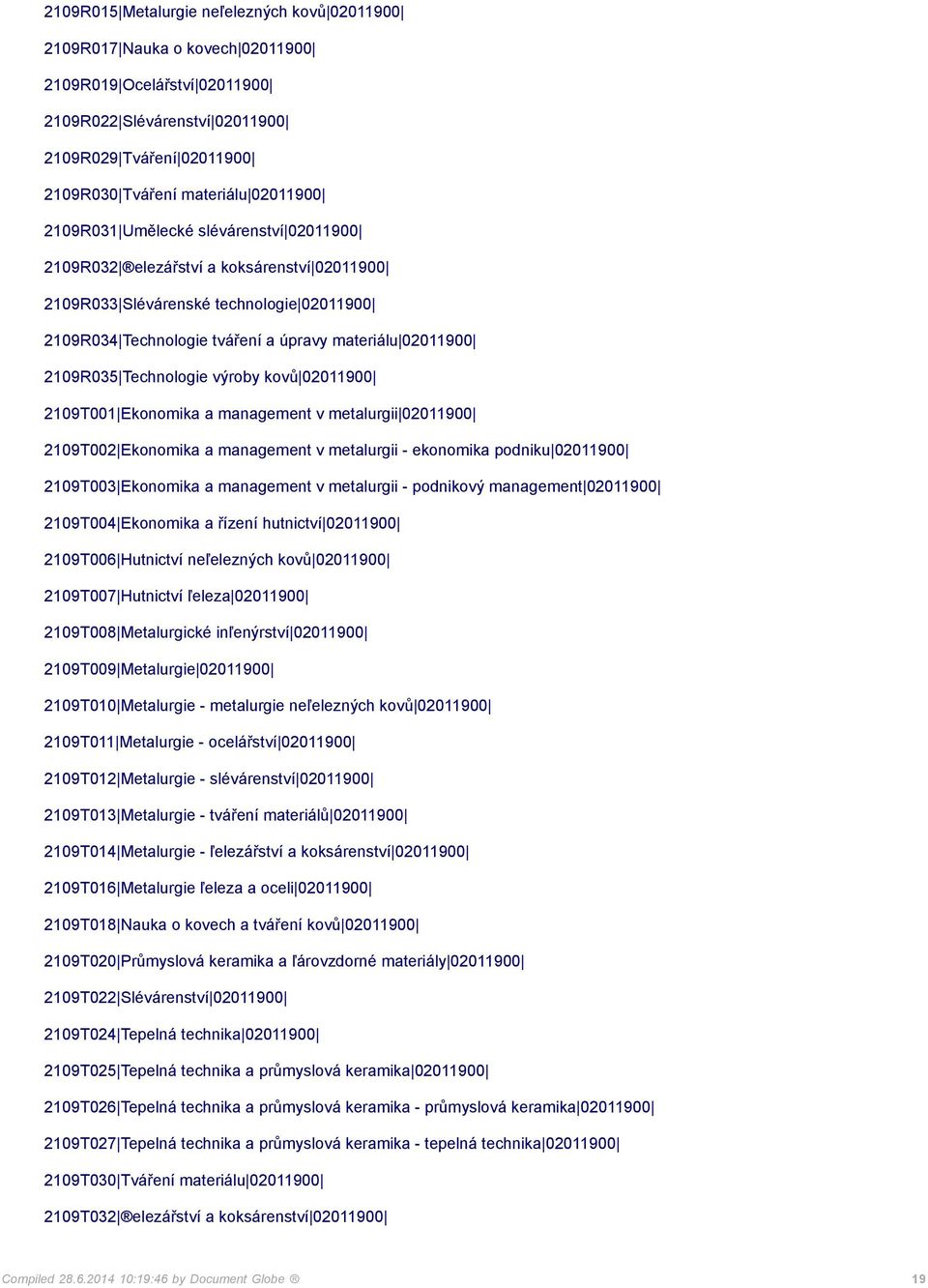 2109R035 Technologie výroby kovů 02011900 2109T001 Ekonomika a management v metalurgii 02011900 2109T002 Ekonomika a management v metalurgii - ekonomika podniku 02011900 2109T003 Ekonomika a