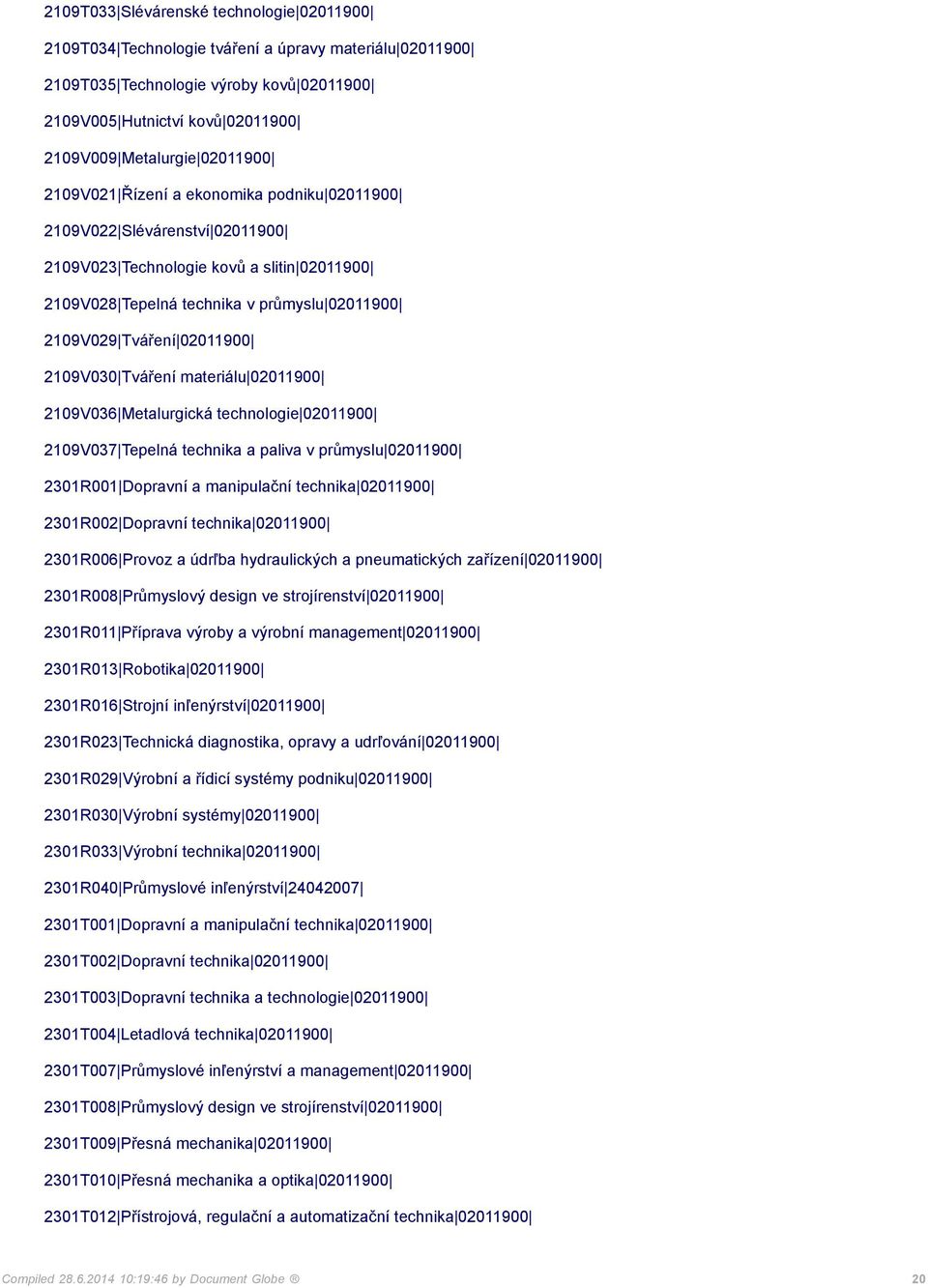 02011900 2109V030 Tváření materiálu 02011900 2109V036 Metalurgická technologie 02011900 2109V037 Tepelná technika a paliva v průmyslu 02011900 2301R001 Dopravní a manipulační technika 02011900