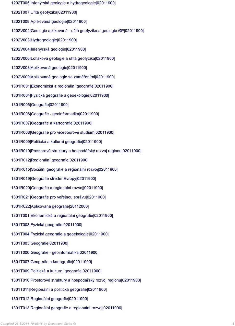 zaměřeními 02011900 1301R001 Ekonomická a regionální geografie 02011900 1301R004 Fyzická geografie a geoekologie 02011900 1301R005 Geografie 02011900 1301R006 Geografie - geoinformatika 02011900