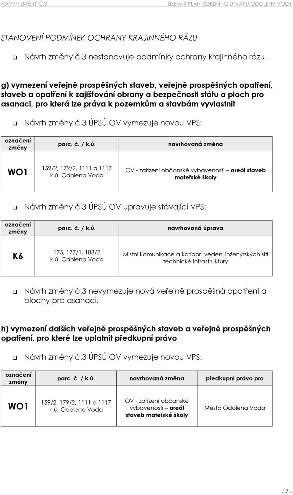 vyvlastnit Návrh změny č.3 ÚPSÚ OV vymezuje novou VPS: označení změny parc. č. / k.ú. navrhovaná změna WO1 159/2, 179/2, 1111 a 1117 k.ú. Odolena Voda OV - zařízení občanské vybavenosti areál staveb mateřské školy Návrh změny č.