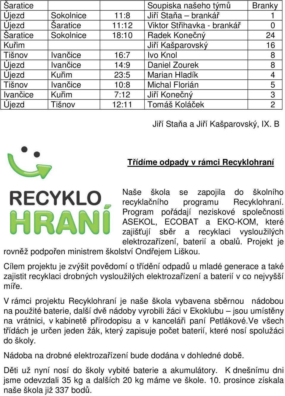 Staa a Jií Kašparovský, IX. B Tídíme odpady v rámci Recyklohraní Naše škola se zapojila do školního recyklaního programu Recyklohraní.