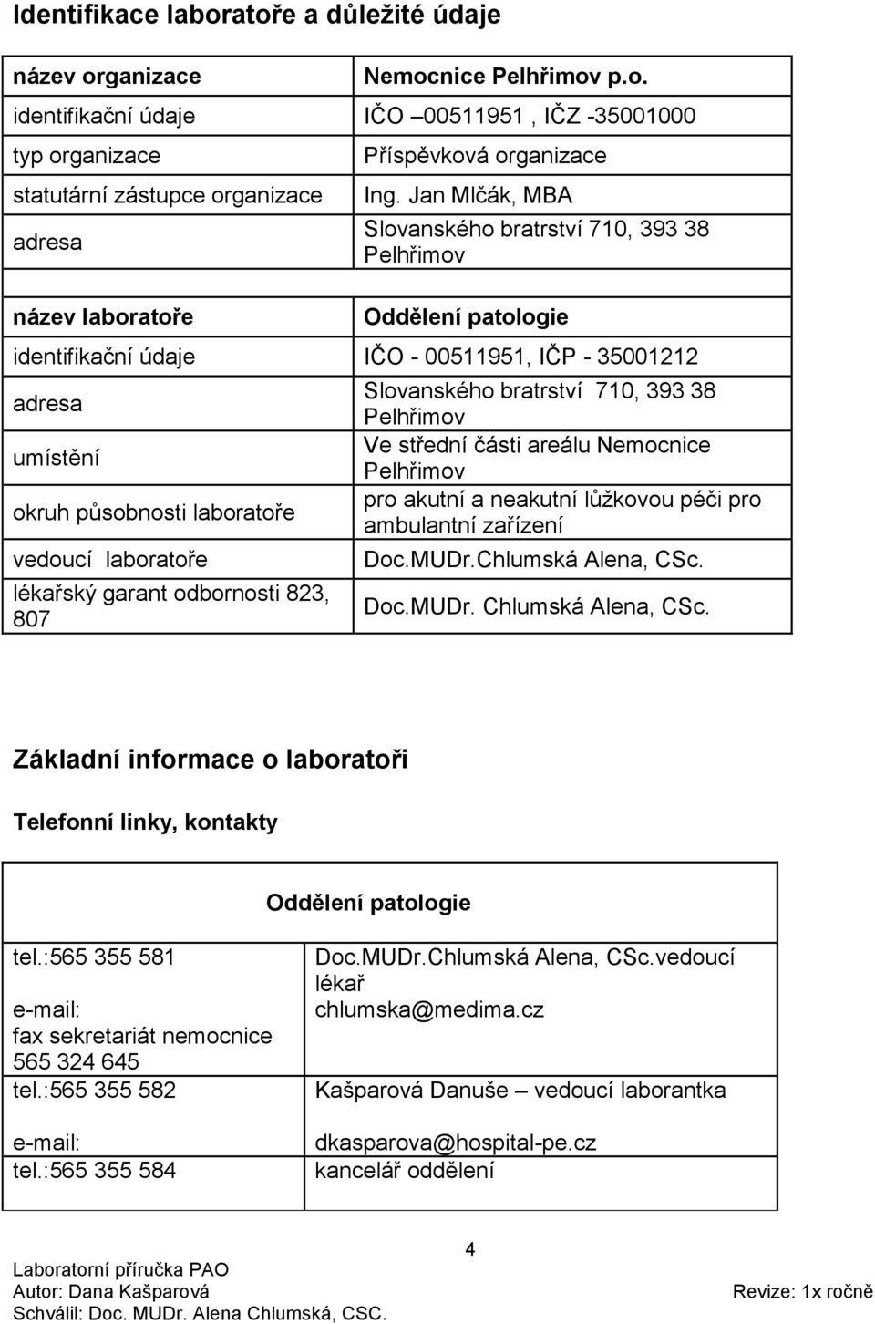 lékařský garant odbornosti 823, 807 Slovanského bratrství 710, 393 38 Pelhřimov Ve střední části areálu Nemocnice Pelhřimov pro akutní a neakutní lůžkovou péči pro ambulantní zařízení Doc.MUDr.