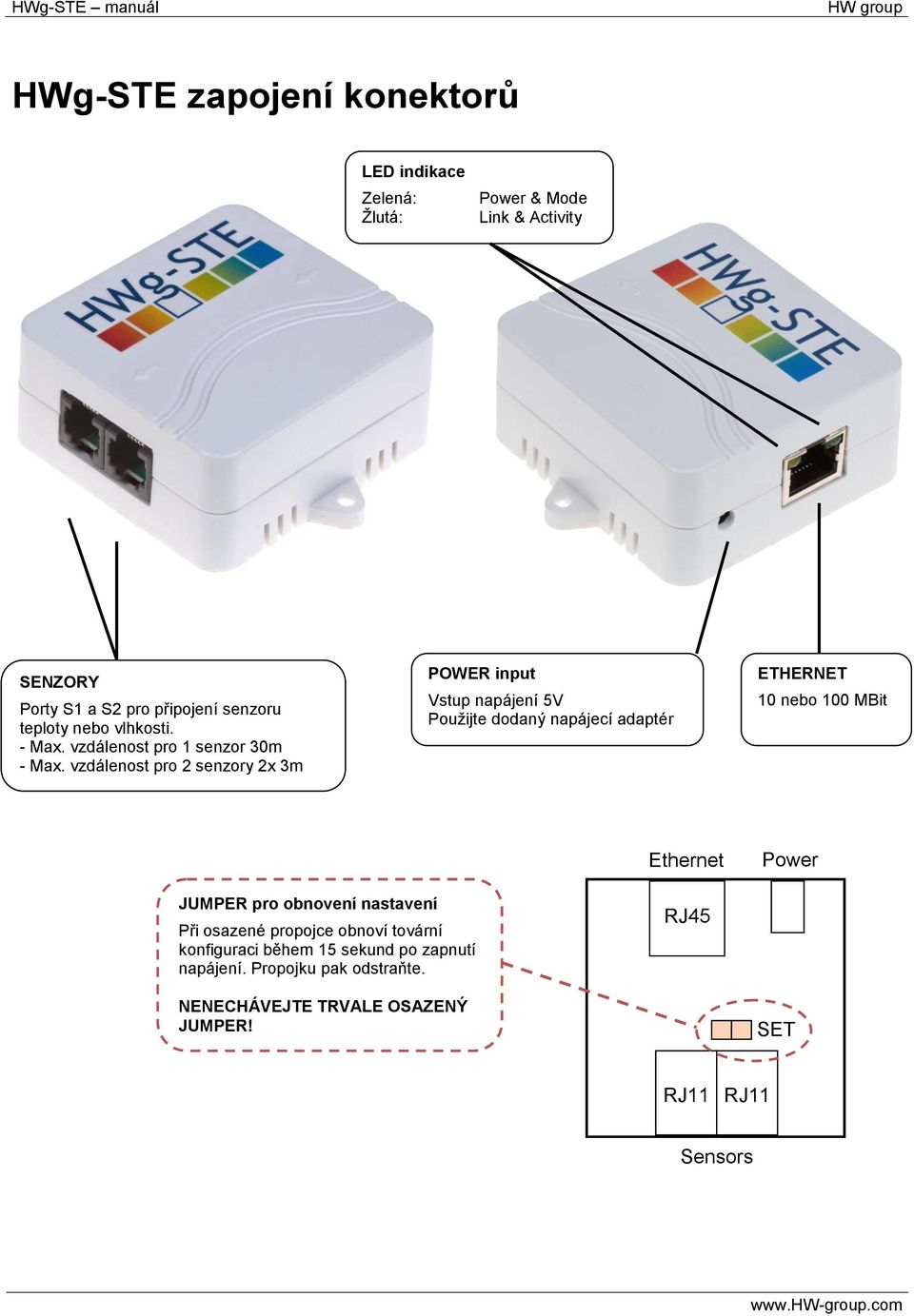 vzdálenost pro 2 senzory 2x 3m POWER input Vstup napájení 5V Použijte dodaný napájecí adaptér ETHERNET 10 nebo 100 MBit Ethernet
