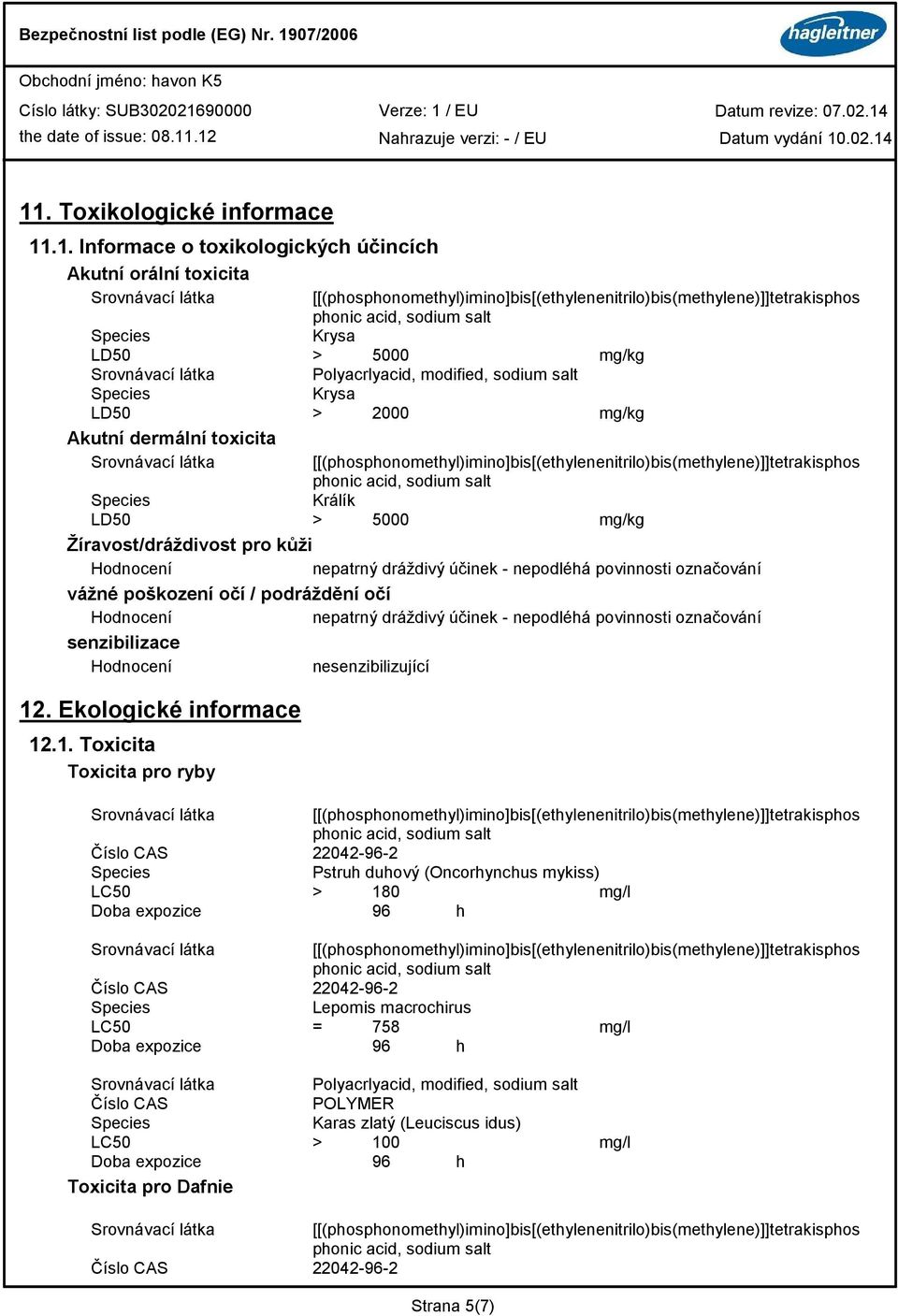 nepatrný drádivý účinek - nepodléhá povinnosti označování senzibilizace nesenzibilizující 12