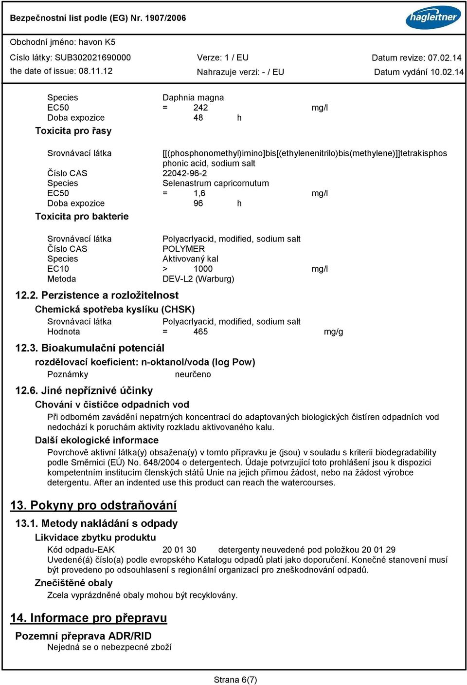 mg/g 12.3. Bioakumulační potenciál rozdělovací koeficient: n-oktanol/voda (log Pow) neurčeno 12.6.