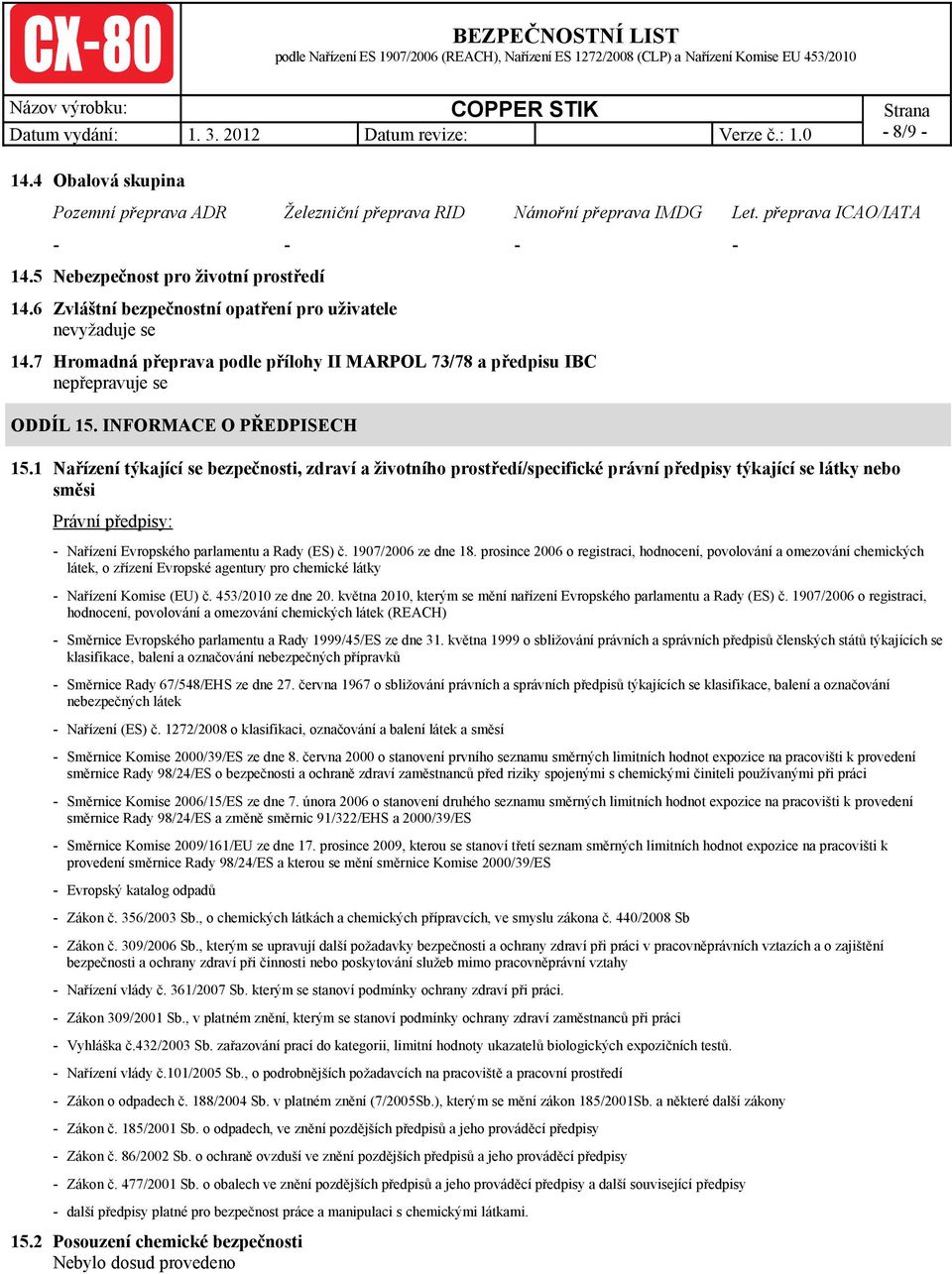 INFORMACE O PŘEDPISECH 15.
