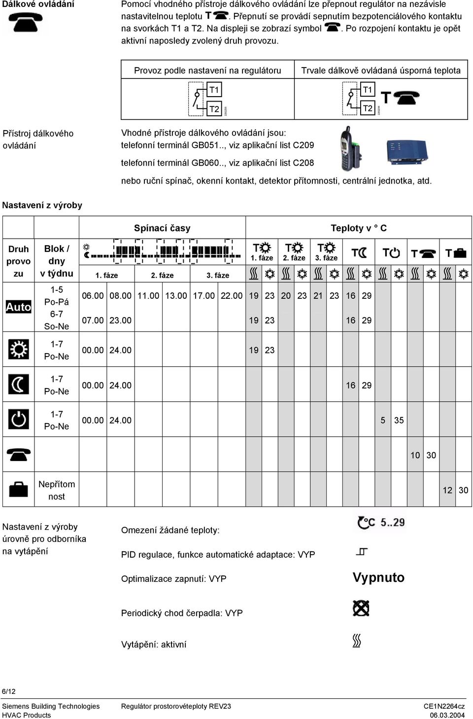 Provoz podle nastavení na regulátoru 1 rvale dálkově ovládaná úsporná teplota 1 2 2252Z05 2 2252Z06 Přístroj dálkového ovládání Vhodné přístroje dálkového ovládání jsou: telefonní terminál GB051.