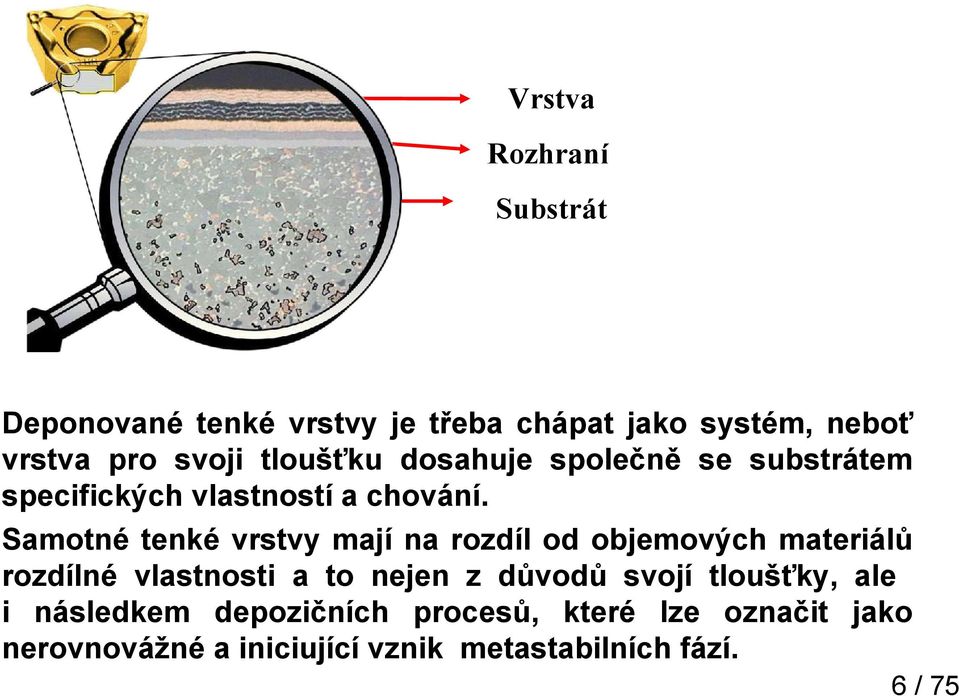 Samotné tenké vrstvy mají na rozdíl od objemových materiálů rozdílné vlastnosti a to nejen z důvodů