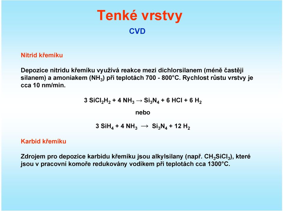 3 SiCl 2 H 2 + 4 NH 3 Si 3 N 4 + 6 HCl + 6 H 2 nebo Karbid křemíku 3 SiH 4 + 4 NH 3 Si 3 N 4 + 12 H 2 Zdrojem