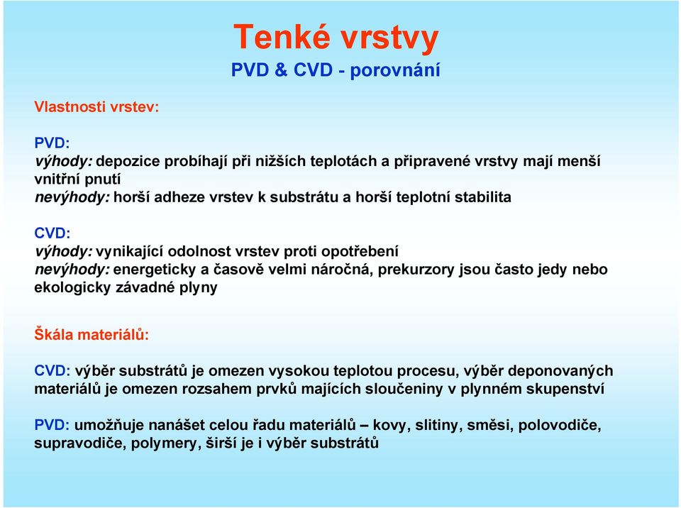 často jedy nebo ekologicky závadné plyny Škála materiálů: CVD: výběr substrátů je omezen vysokou teplotou procesu, výběr deponovaných materiálů je omezen rozsahem
