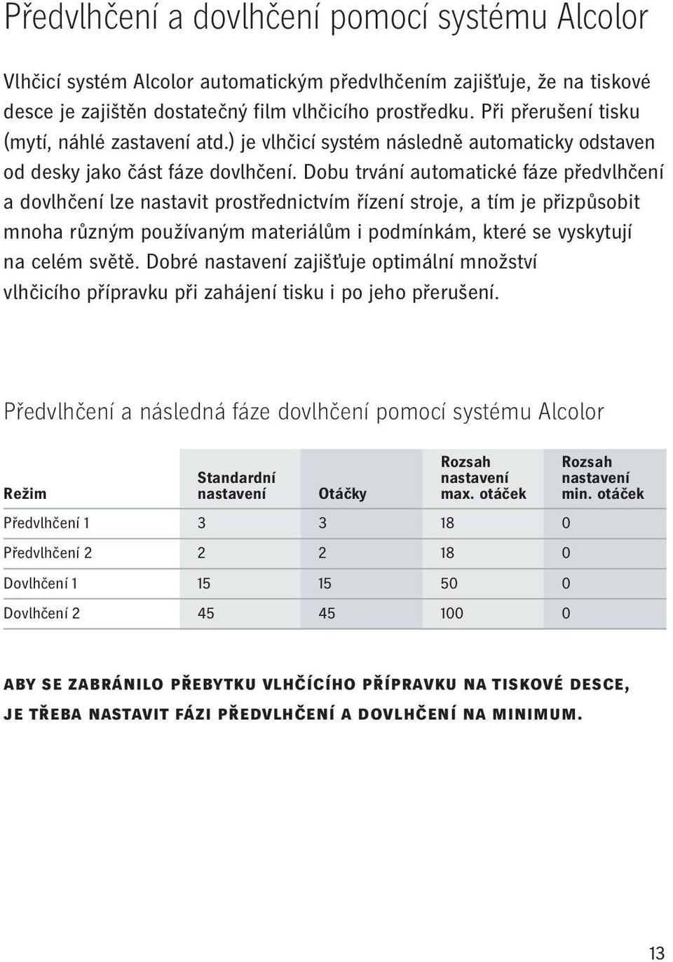 Dobu trvání automatické fáze předvlhčení a dovlhčení lze nastavit prostřednictvím řízení stroje, a tím je přizpůsobit mnoha různým používaným materiálům i podmínkám, které se vyskytují na celém světě.