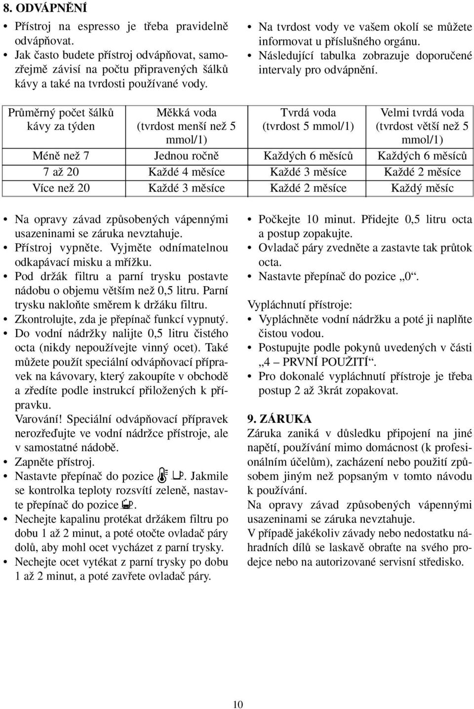 PrÛmûrn poãet álkû Mûkká voda Tvrdá voda Velmi tvrdá voda kávy za t den (tvrdost men í neï 5 (tvrdost 5 mmol/1) (tvrdost vût í neï 5 mmol/1) mmol/1) Ménû neï 7 Jednou roãnû KaÏd ch 6 mûsícû KaÏd ch 6