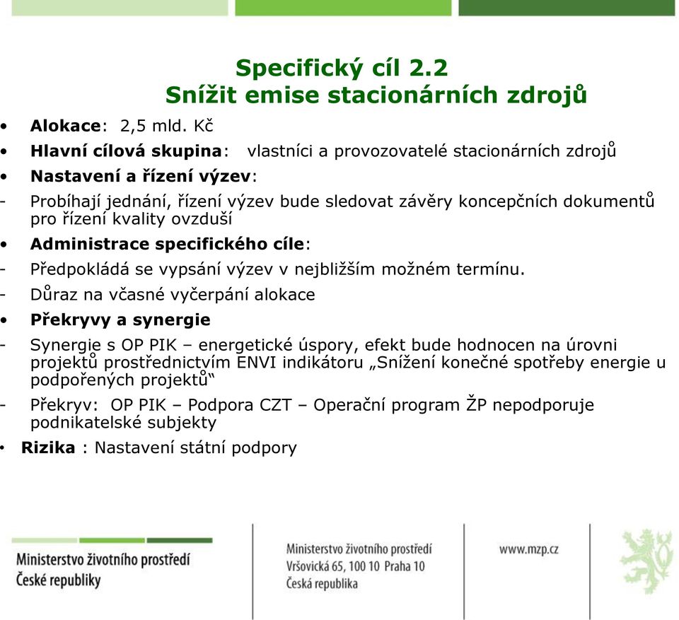 sledovat závěry koncepčních dokumentů pro řízení kvality ovzduší Administrace specifického cíle: - Předpokládá se vypsání výzev v nejbližším možném termínu.