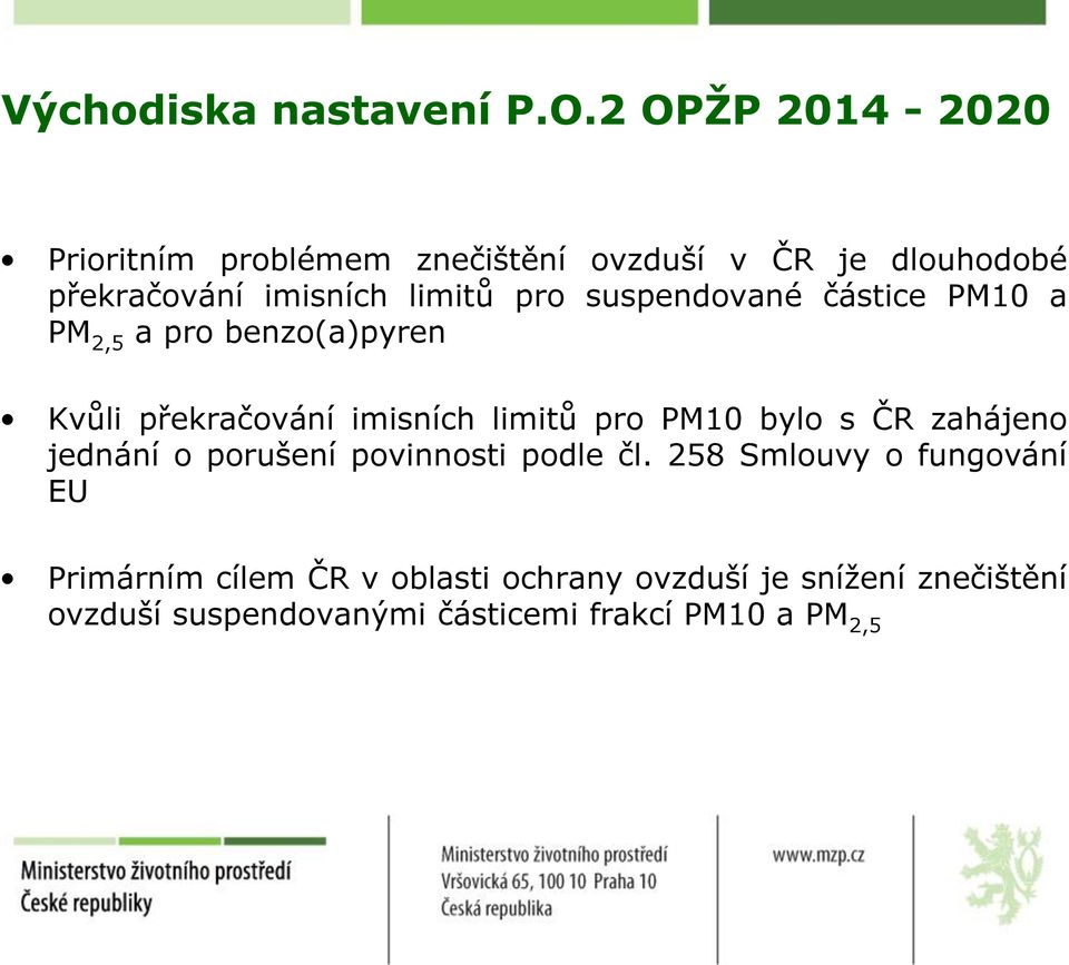 suspendované částice PM10 a PM 2,5 a pro benzo(a)pyren Kvůli překračování imisních limitů pro PM10 bylo s ČR