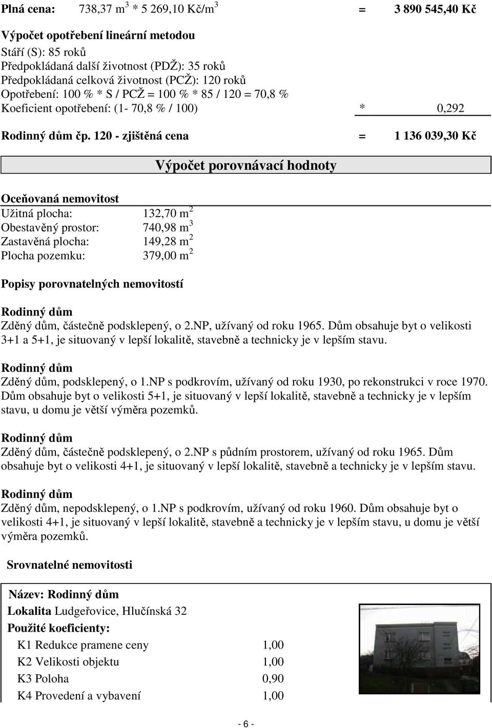 120 - zjištěná cena = 1 136 039,30 Kč Oceňovaná nemovitost Užitná plocha: 132,70 m 2 Obestavěný prostor: 740,98 m 3 Zastavěná plocha: 149,28 m 2 Plocha pozemku: 379,00 m 2 Popisy porovnatelných