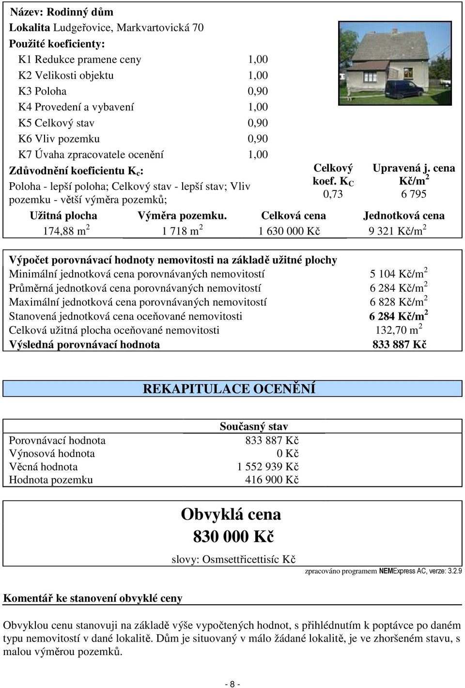 K C 0,73 Upravená j. cena Kč/m 2 6 795 Užitná plocha Výměra pozemku.