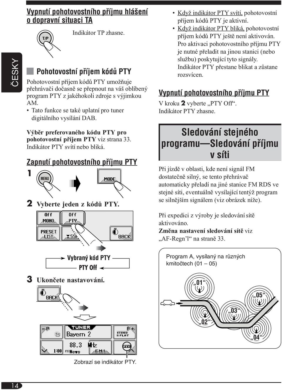 Tato funkce se také uplatní pro tuner digitálního vysílání DAB. Výběr preferovaného kódu PTY pro pohotovostní příjem PTY viz strana 33. Indikátor PTY svítí nebo bliká.