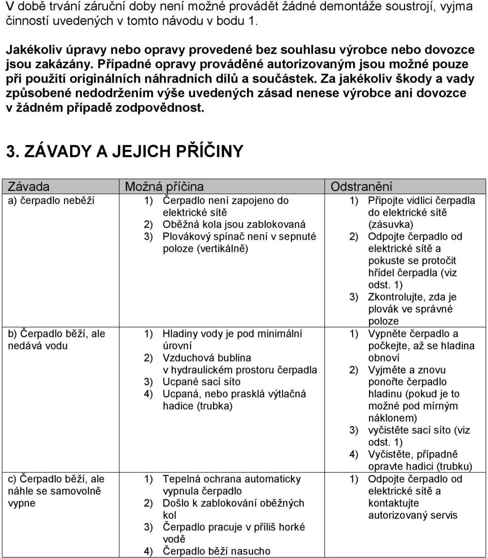 Za jakékoliv škody a vady způsobené nedodržením výše uvedených zásad nenese výrobce ani dovozce v žádném případě zodpovědnost. 3.