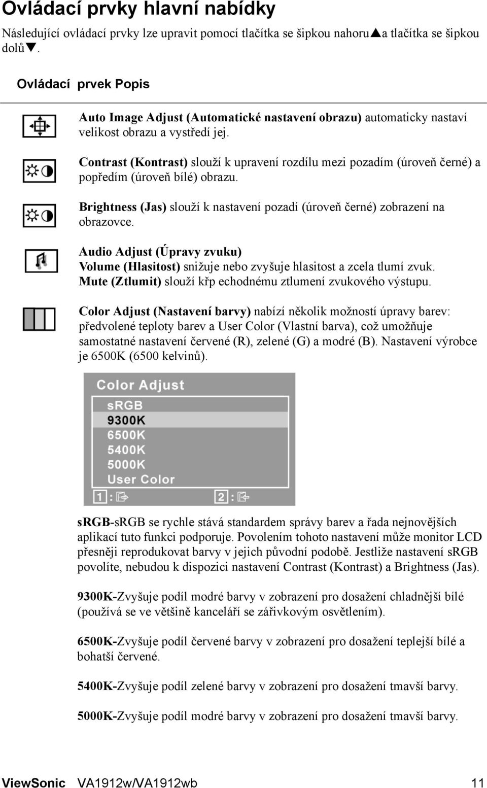 Contrast (Kontrast) slouží k upravení rozdílu mezi pozadím (úroveň černé) a popředím (úroveň bílé) obrazu. Brightness (Jas) slouží k nastavení pozadí (úroveň černé) zobrazení na obrazovce.