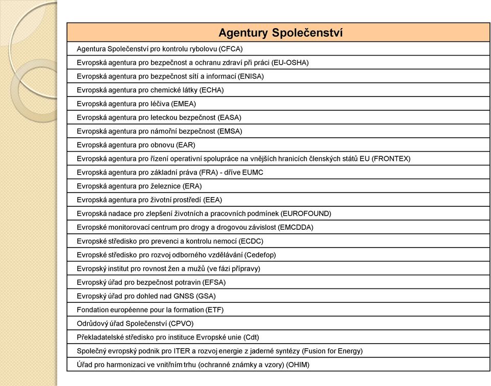 agentura pr řízení perativní splupráce na vnějších hranicích členských států EU (FRONTEX) Evrpská agentura pr základní práva (FRA) - dříve EUMC Evrpská agentura pr železnice (ERA) Evrpská agentura pr