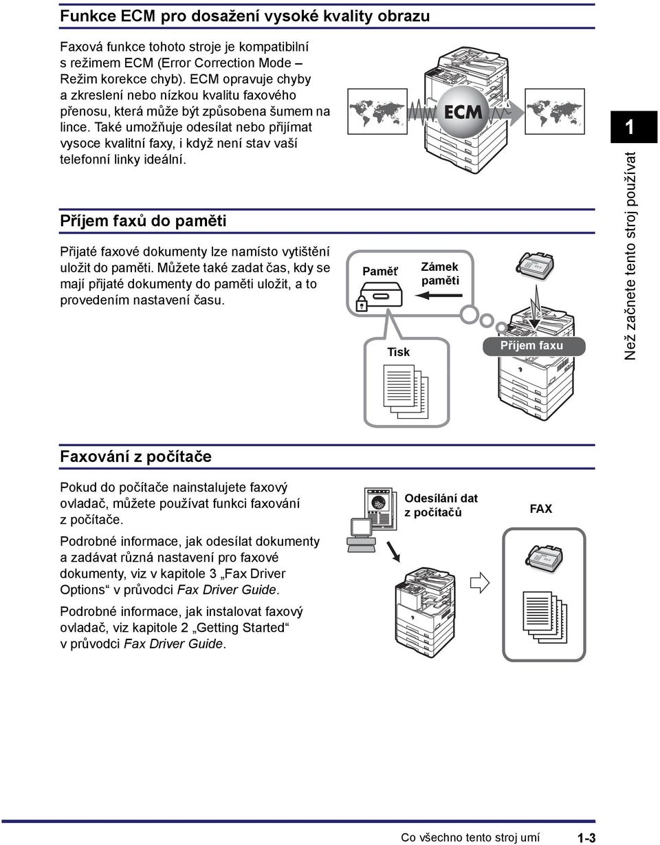 Také umožňuje odesílat nebo přijímat vysoce kvalitní faxy, i když není stav vaší telefonní linky ideální. Příjem faxů do paměti Přijaté faxové dokumenty lze namísto vytištění uložit do paměti.