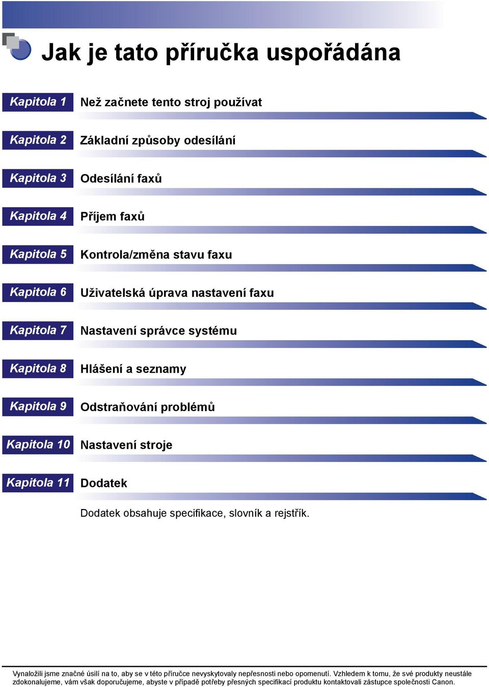 10 Nastavení stroje Kapitola 11 Dodatek Dodatek obsahuje specifikace, slovník a rejstřík.