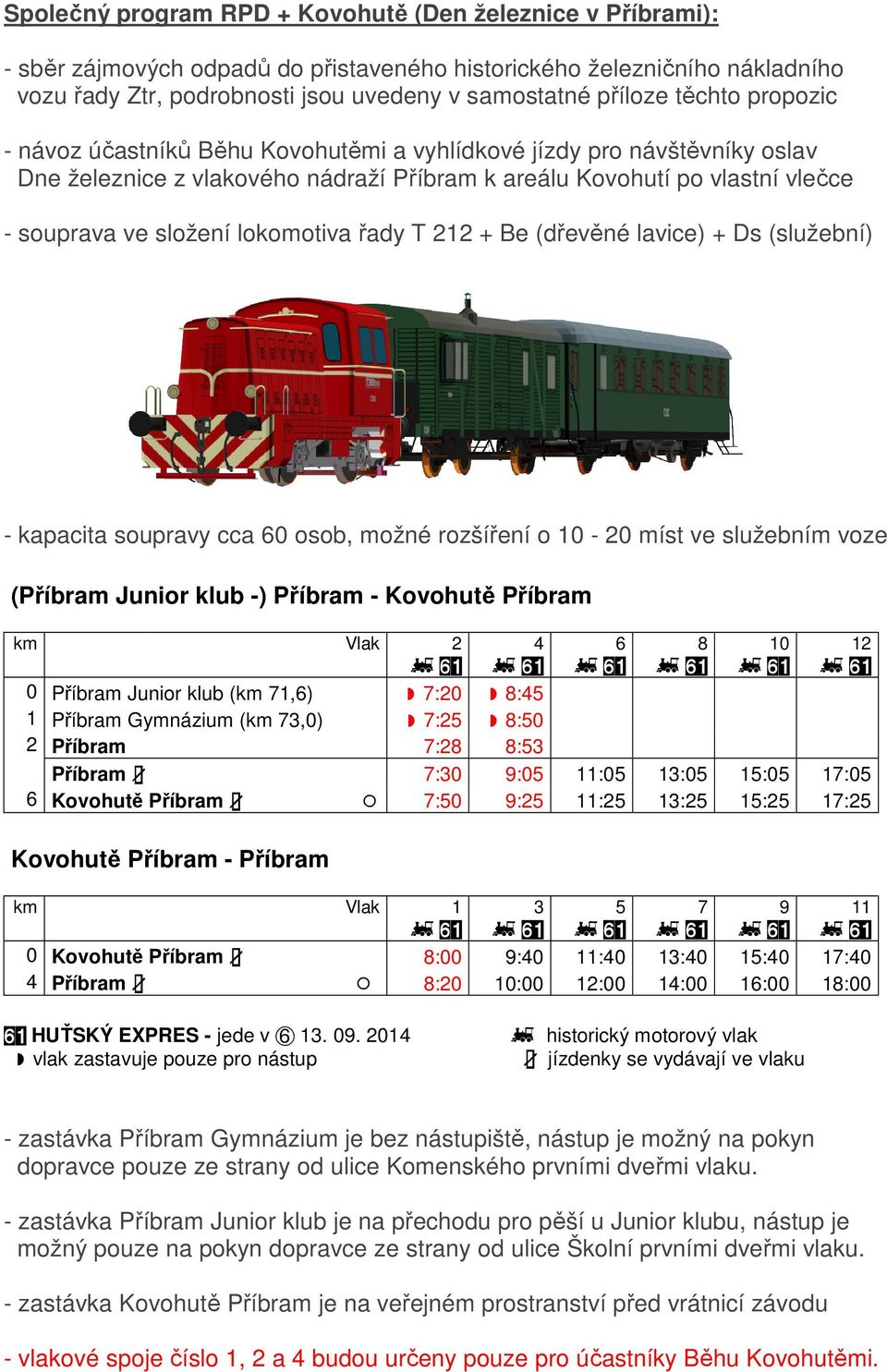 lokomotiva řady T 212 + Be (dřevěné lavice) + Ds (služební) - kapacita soupravy cca 60 osob, možné rozšíření o 10-20 míst ve služebním voze (Příbram Junior klub -) Příbram - Kovohutě Příbram km Vlak