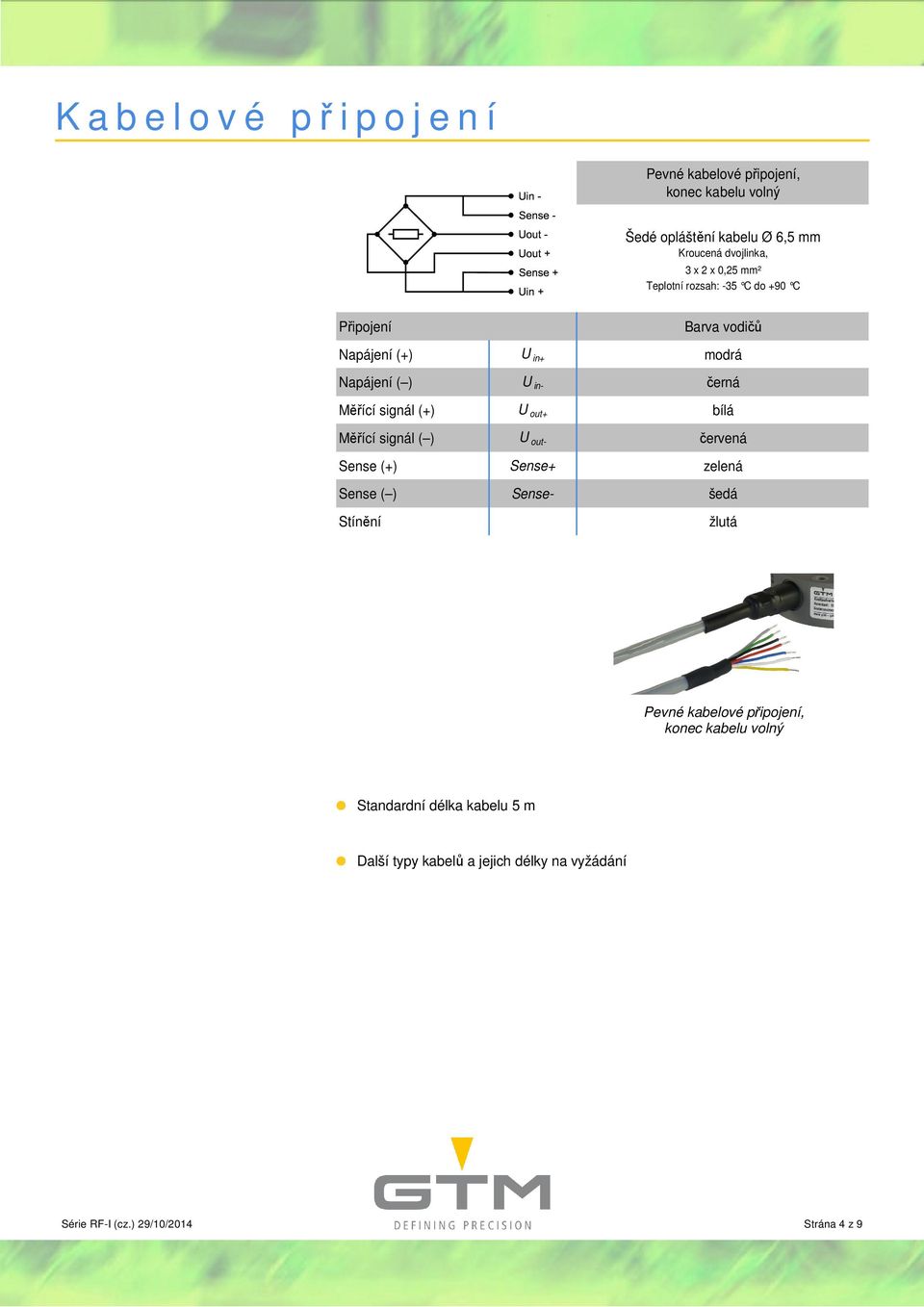 U out+ bílá Měřící signál ( ) U out- červená Sense (+) Sense+ zelená Sense ( ) Sense- šedá Stínění žlutá Pevné kabelové připojení,