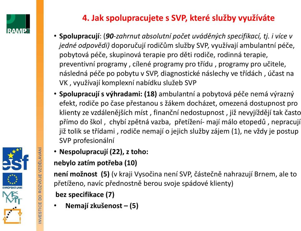 programy pro učitele, následná péče po pobytu v SVP, diagnostické náslechy ve třídách, účast na VK, využívají komplexní nabídku služeb SVP Spolupracují s výhradami: (18) ambulantní a pobytová péče