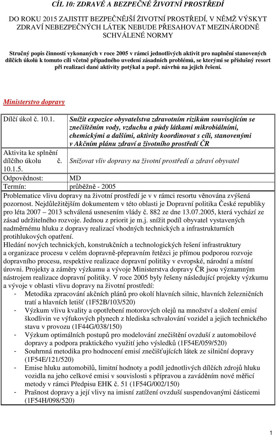 realizaci dané aktivity potýkal a popř. návrhů na jejich řešení. Ministerstvo dopravy Dílčí úkol č. 10.1. č. 10.1.5.