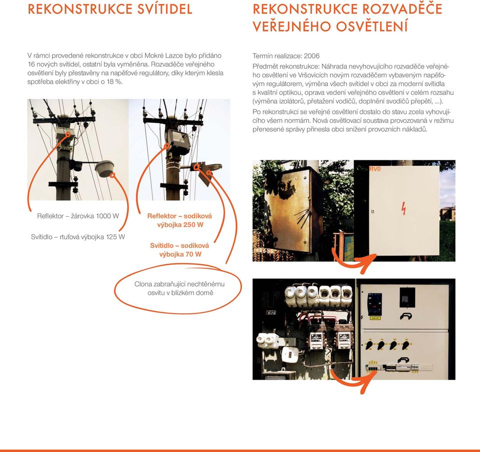 Termín realizace: 2006 Předmět rekonstrukce: Náhrada nevyhovujícího rozvaděče veřejného osvětlení ve Vršovicích novým rozvaděčem vybaveným napěťovým regulátorem, výměna všech svítidel v obci za