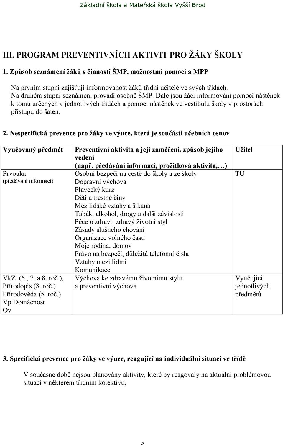Nespecifická prevence pro žáky ve výuce, která je součástí učebních osnov Vyučovaný předmět Prvouka (předávání informací) VkZ (6., 7. a 8. roč.