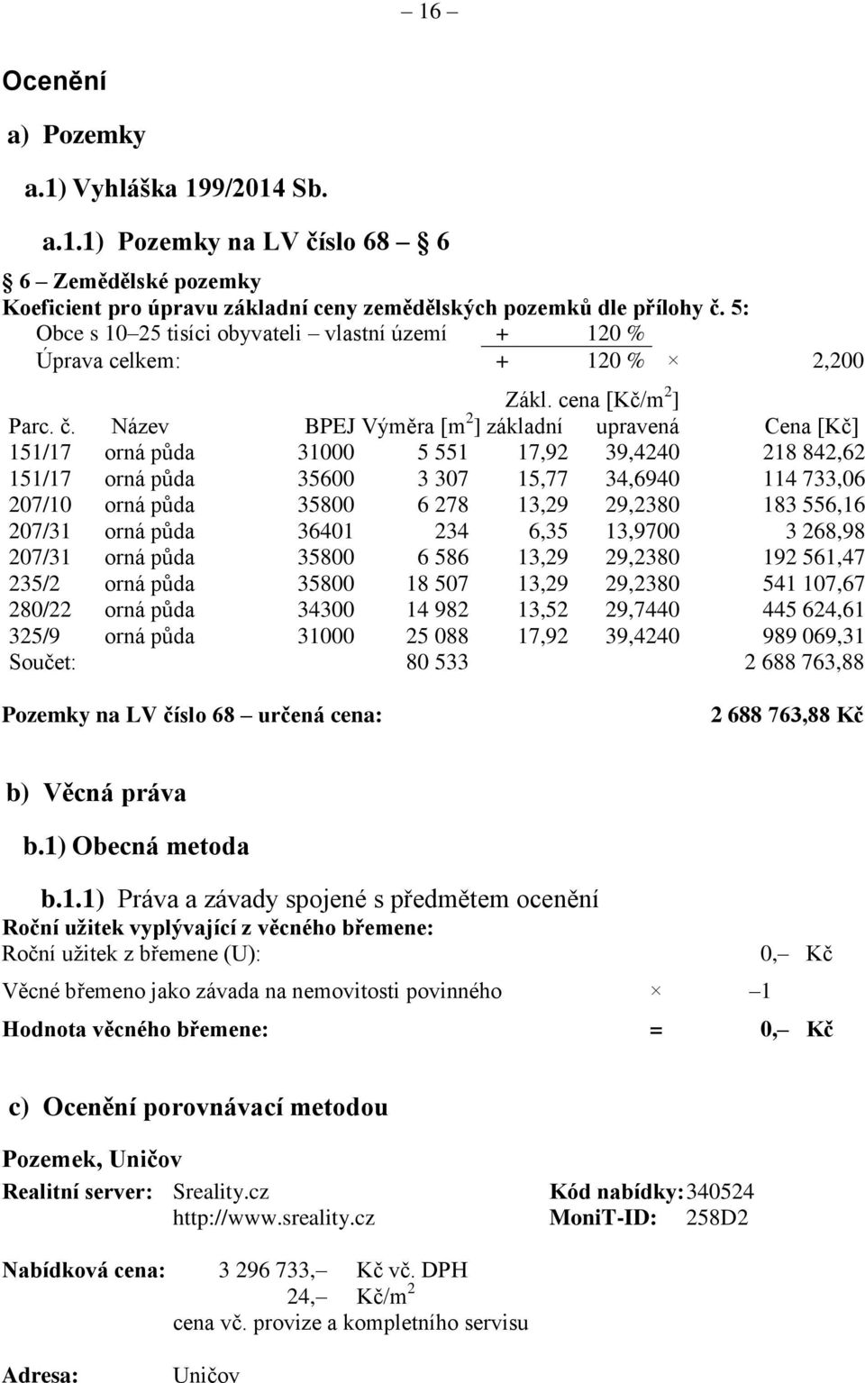 Název BPEJ Výměra [m 2 ] základní upravená Cena [Kč] 151/17 orná půda 31000 5 551 17,92 39,4240 218 842,62 151/17 orná půda 35600 3 307 15,77 34,6940 114 733,06 207/10 orná půda 35800 6 278 13,29