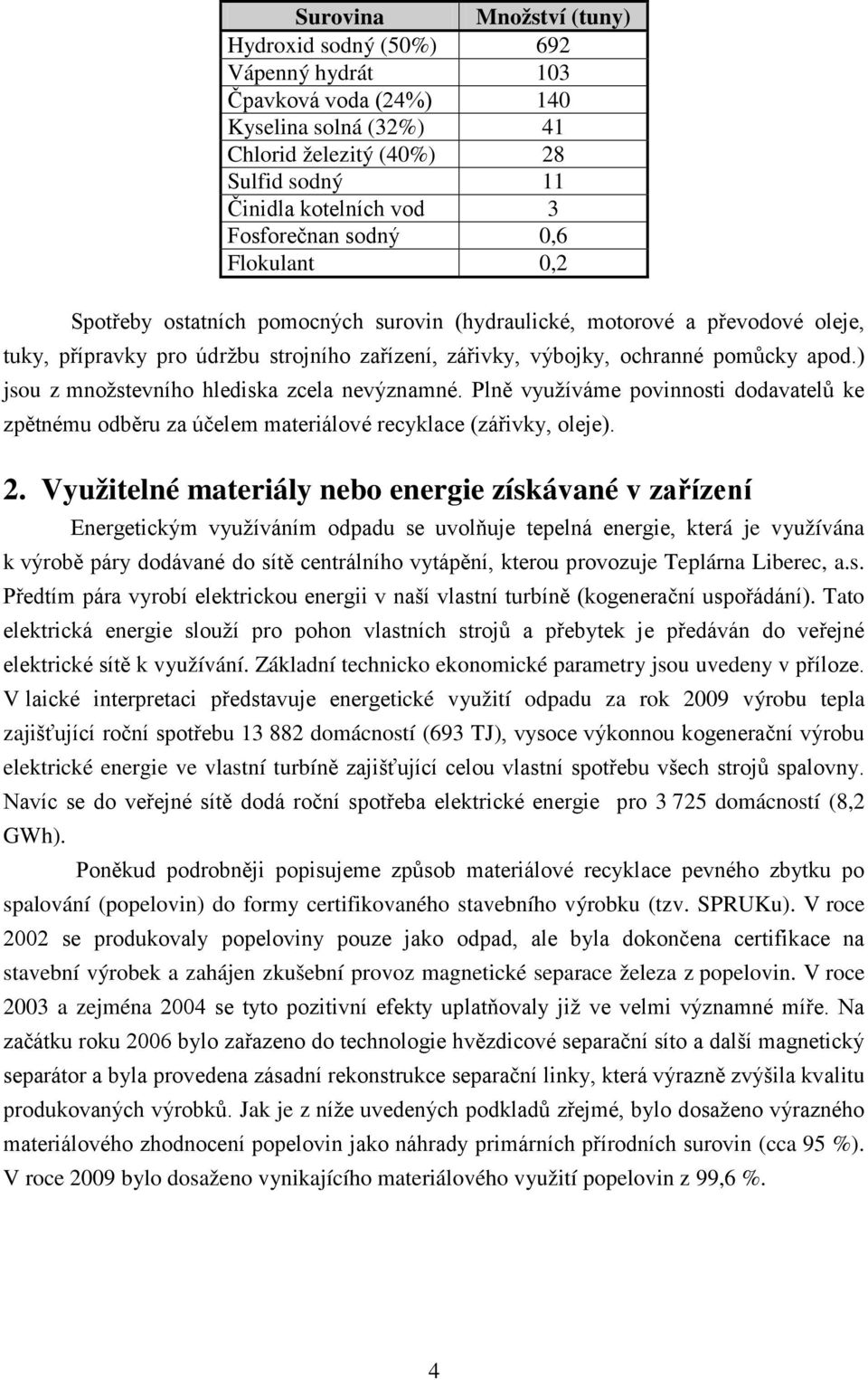 ) jsou z množstevního hlediska zcela nevýznamné. Plně využíváme povinnosti dodavatelů ke zpětnému odběru za účelem materiálové recyklace (zářivky, oleje). 2.