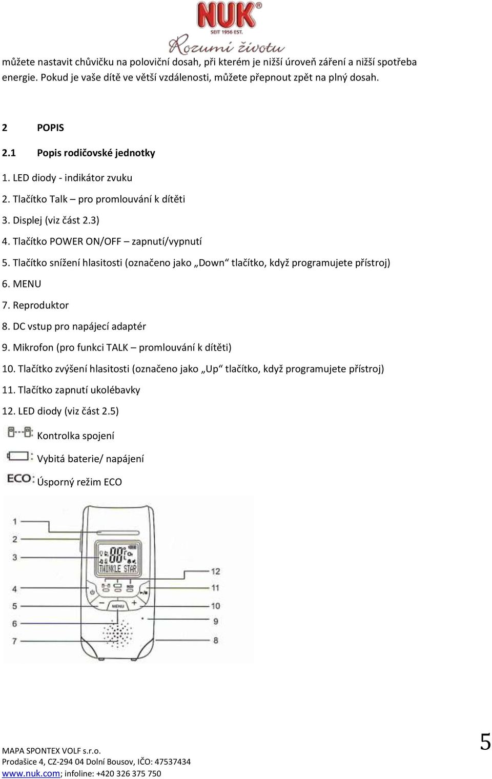 Tlačítko snížení hlasitosti (označeno jako Down tlačítko, když programujete přístroj) 6. MENU 7. Reproduktor 8. DC vstup pro napájecí adaptér 9.