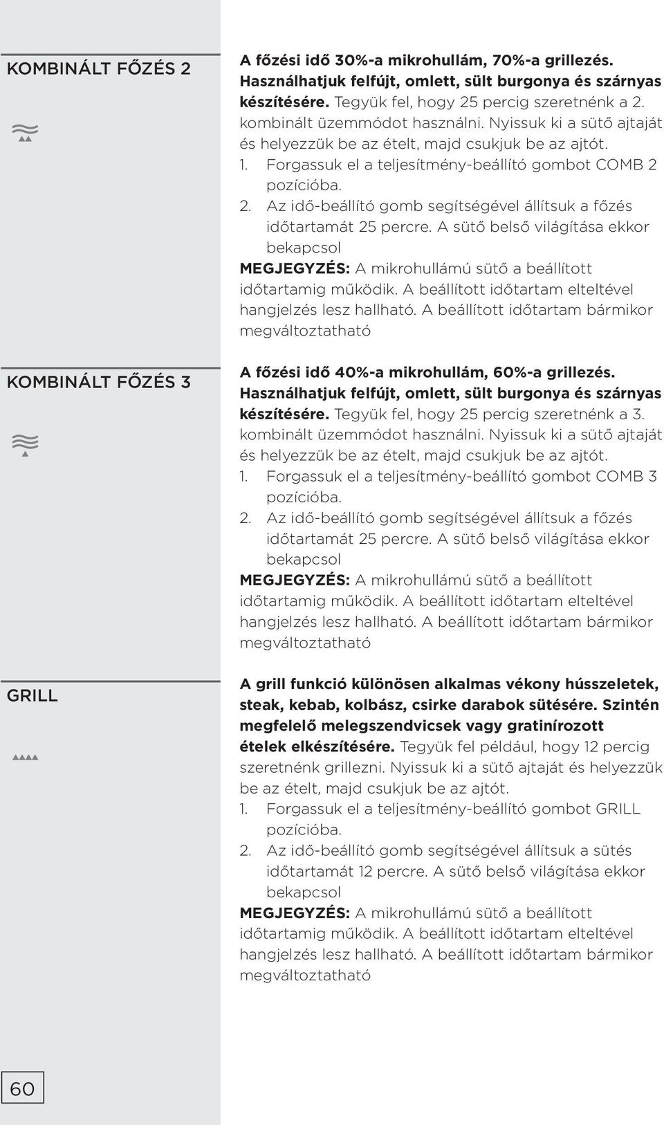 Forgassuk el a teljesítmény-beállító gombot COMB 2 pozícióba. 2. Az idő-beállító gomb segítségével állítsuk a főzés időtartamát 25 percre.