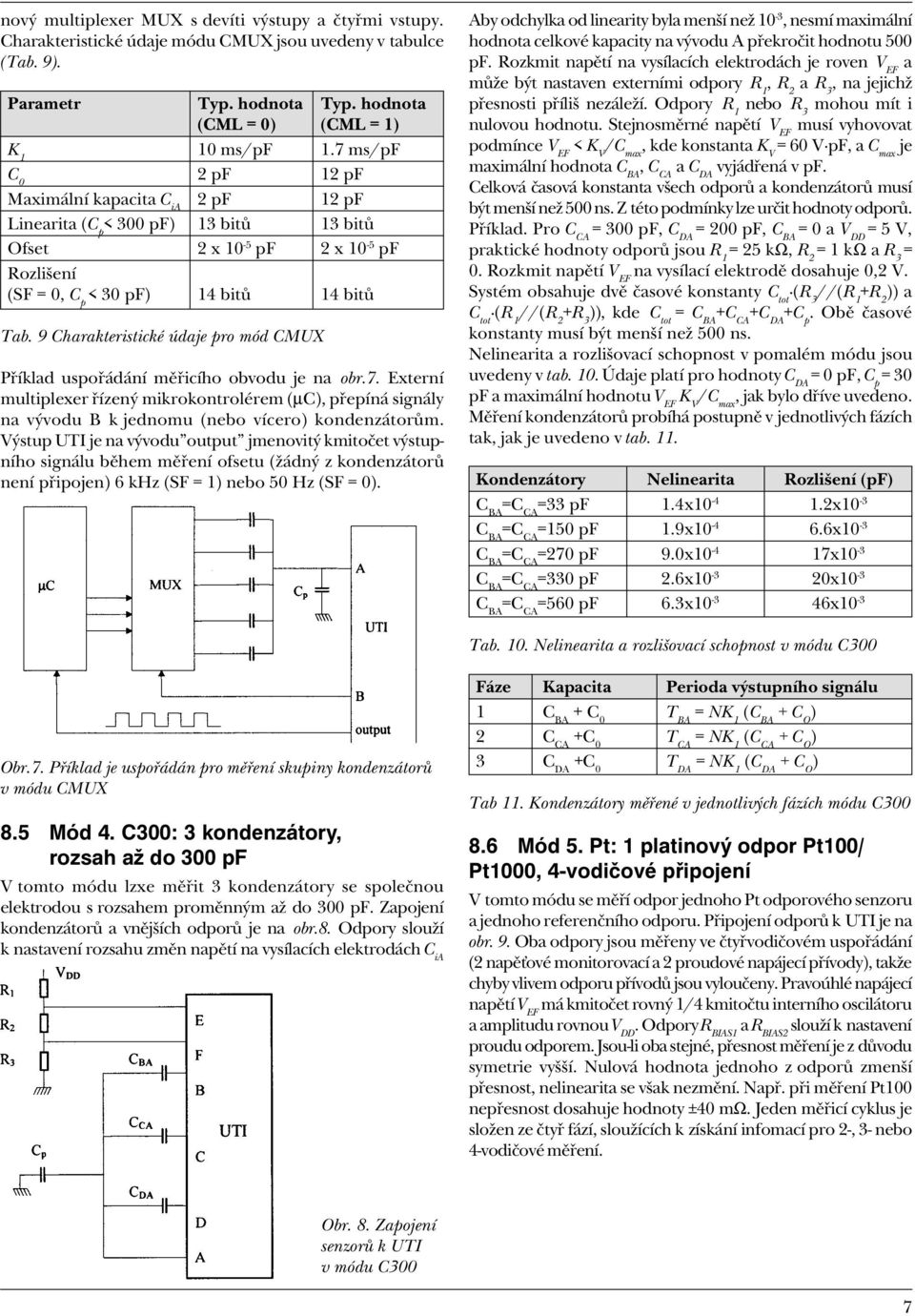 9 Charakteristické údaje pro mód CUX Pøíklad uspoøádání mìøicího obvodu je na obr.7. Eterní multipleer øízený mikrokontrolérem (µc, pøepíná signály na vývodu B k jednomu (nebo vícero kondenzátorùm.