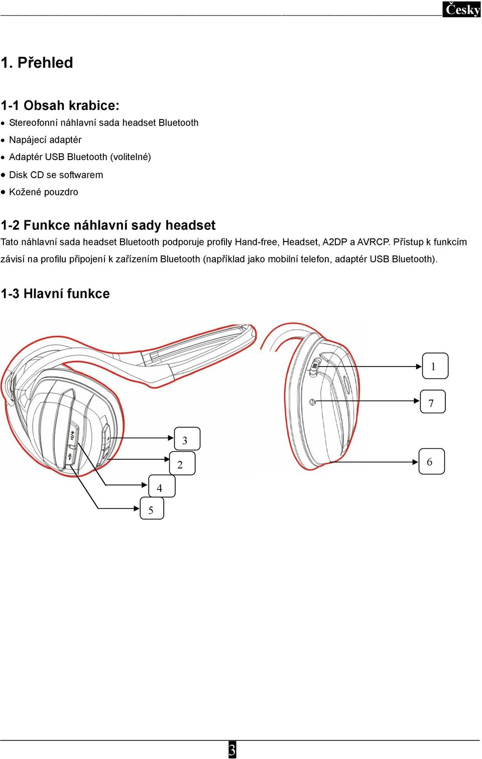 (volitelné) Disk CD se softwarem Kožené pouzdro 1-2 Funkce náhlavní sady headset Tato náhlavní sada headset